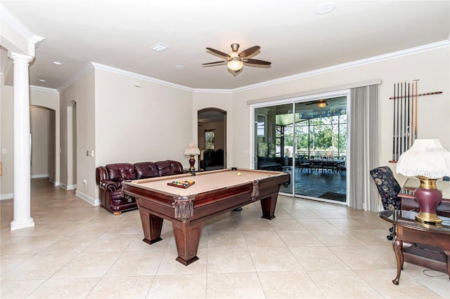 rec room with billiards, ceiling fan, decorative columns, ornamental molding, and light tile patterned flooring