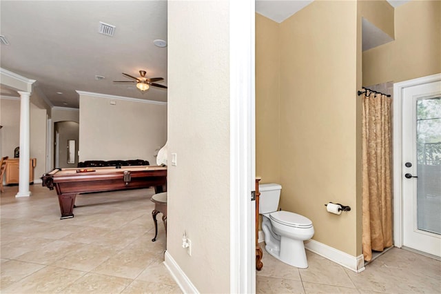 interior space featuring ornamental molding, decorative columns, billiards, and ceiling fan