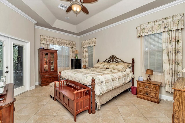 tiled bedroom with access to outside, multiple windows, crown molding, and ceiling fan