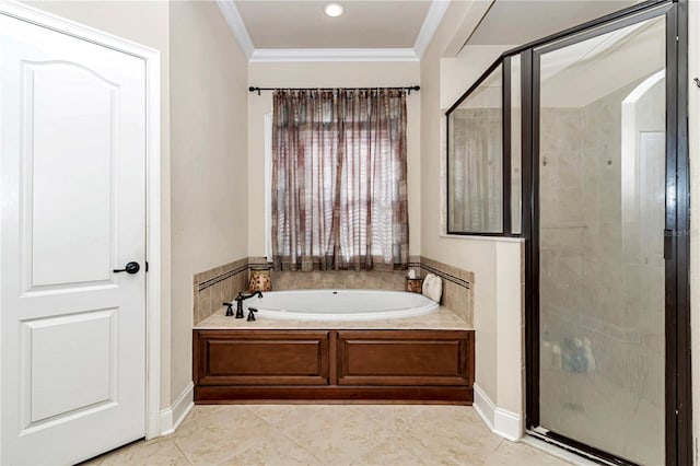 bathroom featuring separate shower and tub, ornamental molding, and tile patterned flooring