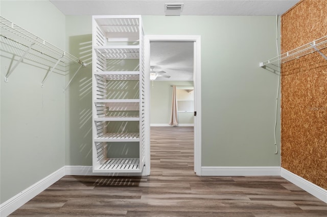 walk in closet featuring hardwood / wood-style floors and ceiling fan