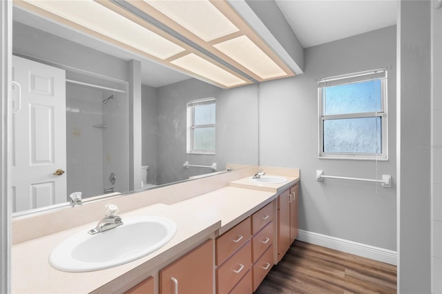 bathroom with vanity, wood-type flooring, and toilet