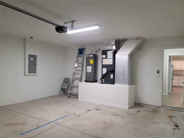 garage featuring a garage door opener, heating unit, electric panel, and electric water heater