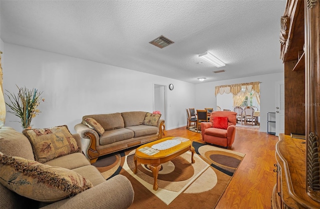 living room featuring wood-type flooring and a textured ceiling