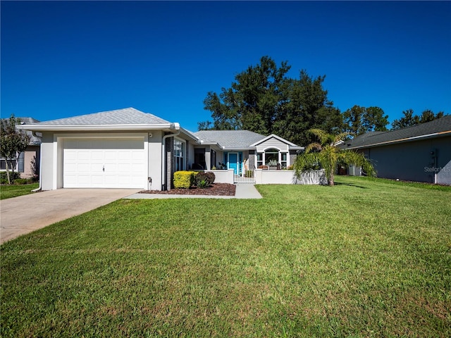 single story home with a front yard and a garage