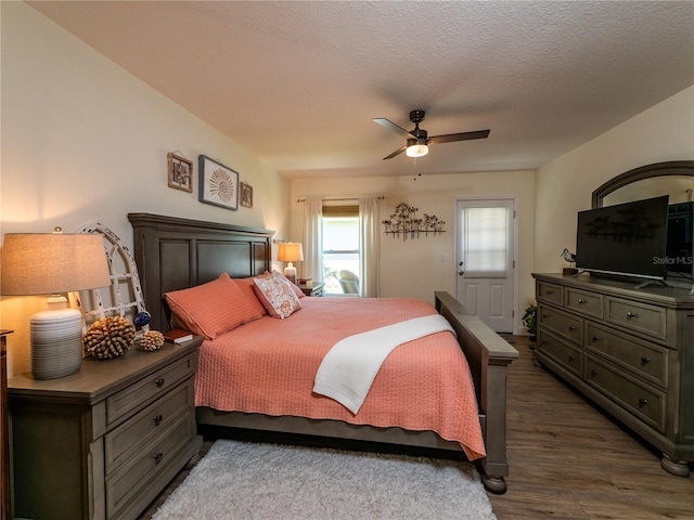 bedroom featuring ceiling fan, a textured ceiling, dark hardwood / wood-style flooring, and multiple windows