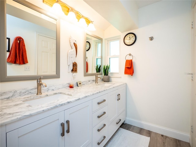 bathroom featuring hardwood / wood-style flooring and vanity