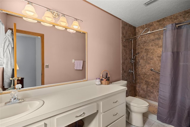 full bathroom with vanity, shower / bathtub combination with curtain, tile patterned flooring, toilet, and a textured ceiling