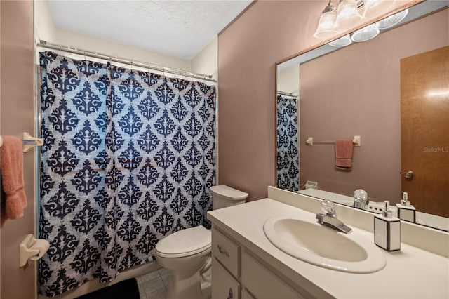 bathroom featuring tile patterned flooring, walk in shower, toilet, vanity, and a textured ceiling