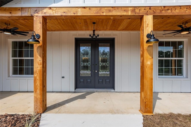 property entrance with ceiling fan and french doors