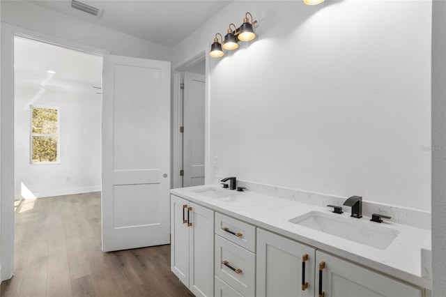 bathroom featuring hardwood / wood-style floors and vanity