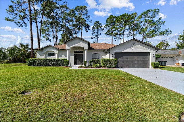 ranch-style home featuring a front yard and a garage