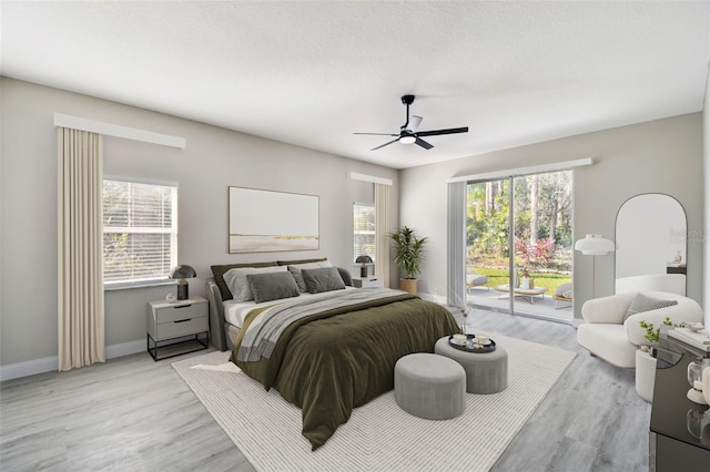 bedroom with access to outside, a textured ceiling, light wood-type flooring, and ceiling fan