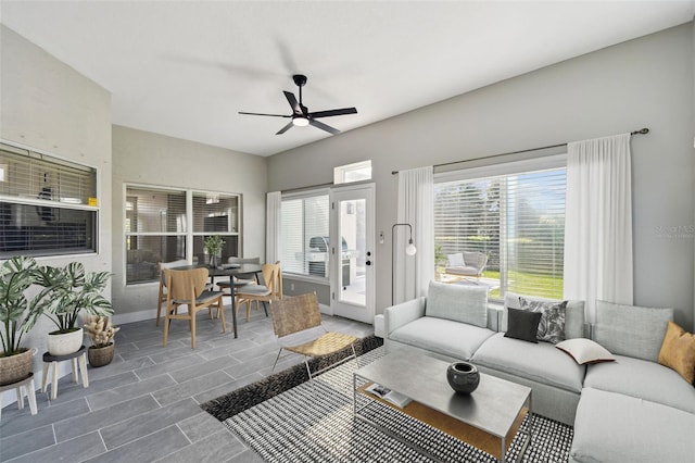 living room featuring ceiling fan