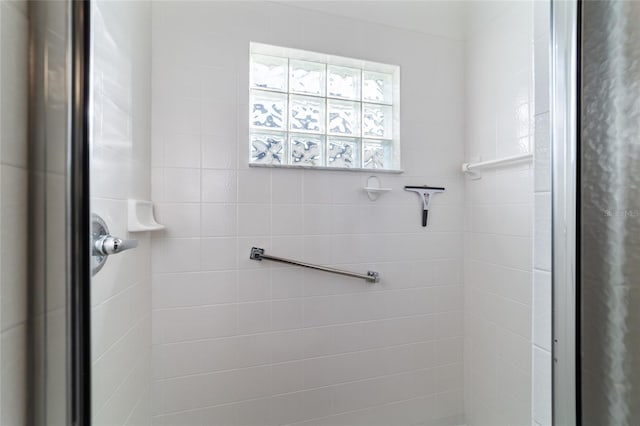 bathroom featuring a shower with shower door