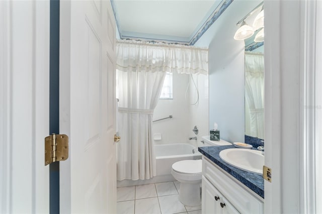 full bathroom featuring vanity, toilet, shower / bathtub combination with curtain, and tile patterned flooring