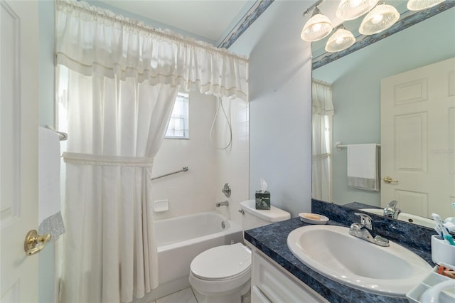 full bathroom with toilet, vanity, and shower / bath combination with curtain