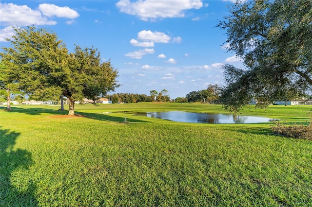 view of property's community featuring a water view and a lawn