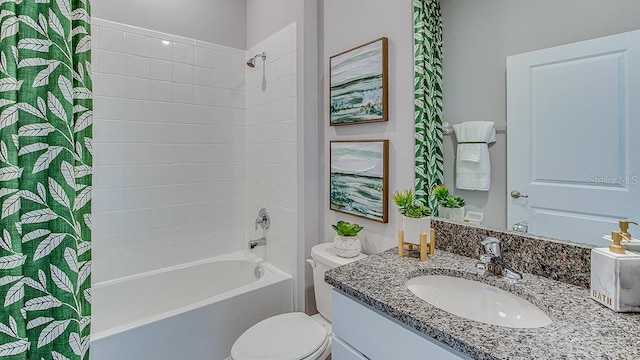 full bathroom with vanity, toilet, and shower / bathtub combination with curtain