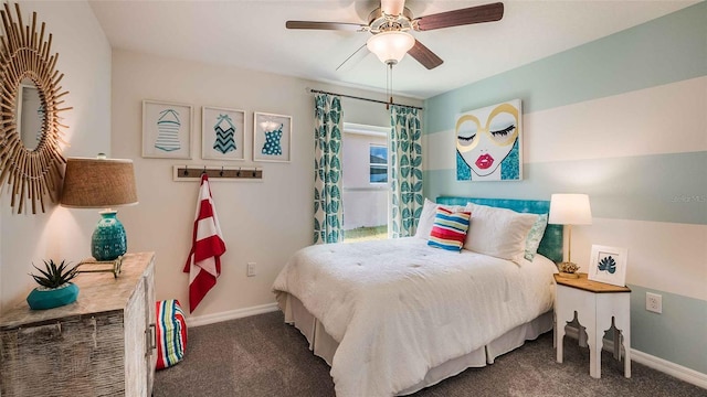 bedroom featuring ceiling fan and dark colored carpet