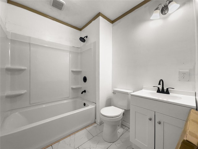 full bathroom with vanity, ornamental molding, toilet, and shower / bath combination