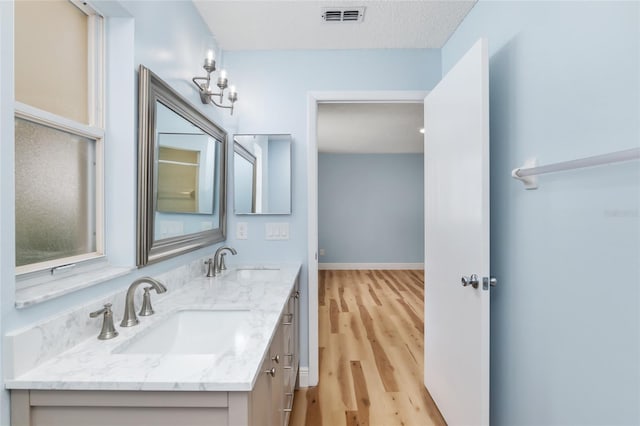 bathroom featuring vanity, a textured ceiling, and hardwood / wood-style flooring