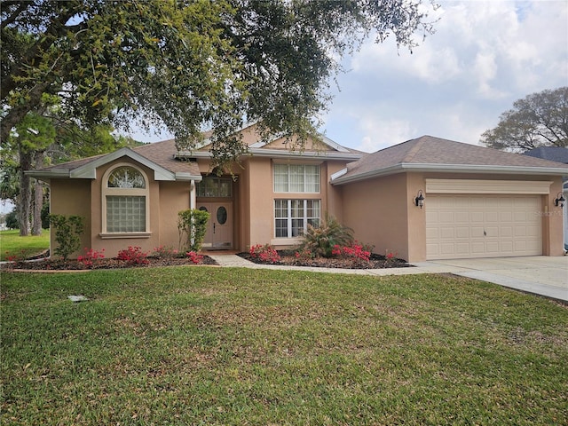 view of front facade featuring a shingled roof, a front lawn, concrete driveway, stucco siding, and an attached garage