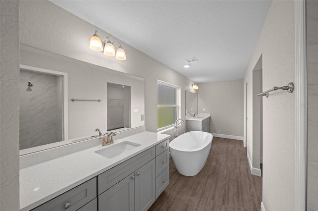 bathroom featuring vanity, shower with separate bathtub, and hardwood / wood-style floors