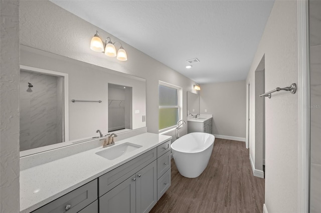 bathroom featuring two vanities, a sink, a freestanding bath, wood finished floors, and a shower