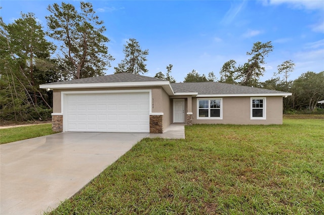 single story home featuring a front yard and a garage