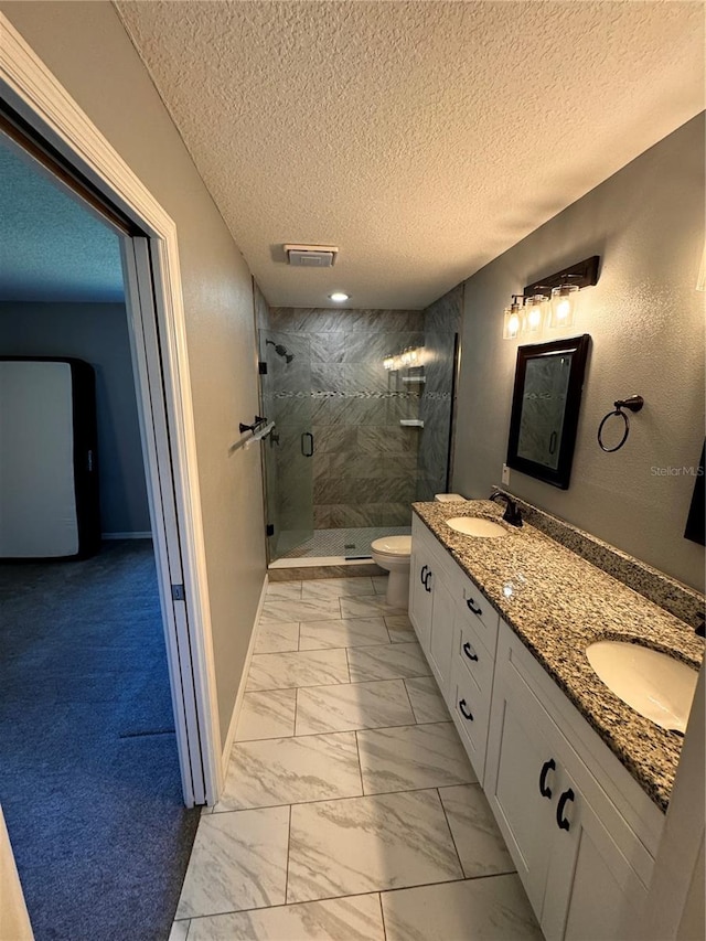 bathroom with vanity, a textured ceiling, toilet, and walk in shower