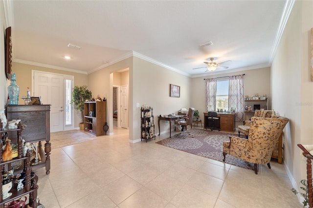 sitting room with ceiling fan and ornamental molding