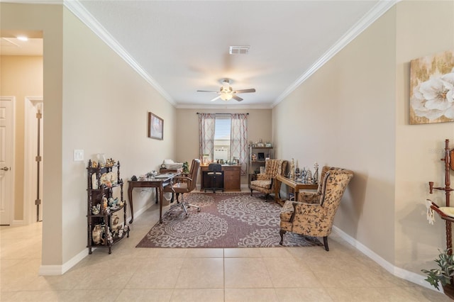 sitting room with crown molding, light tile patterned floors, and ceiling fan