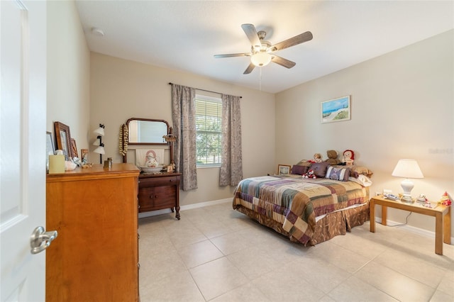 bedroom featuring light tile patterned flooring and ceiling fan