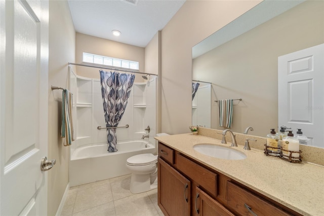 full bathroom featuring vanity, toilet, shower / tub combo, and tile patterned flooring