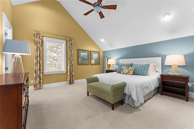 bedroom featuring ceiling fan, light colored carpet, and high vaulted ceiling