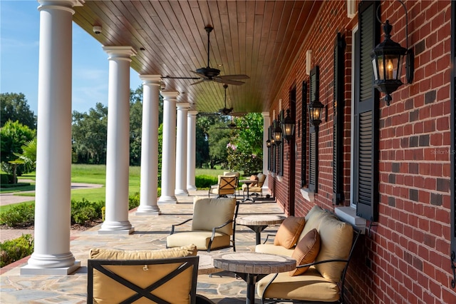 view of patio featuring a porch and a ceiling fan