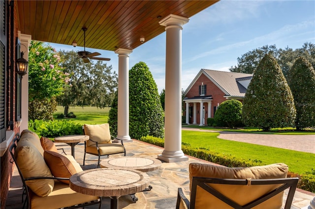 view of patio with ceiling fan and an outdoor hangout area