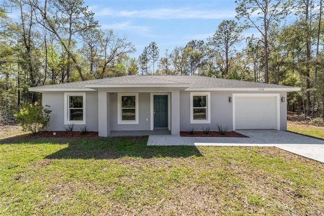 ranch-style house with a garage, driveway, roof with shingles, a front lawn, and stucco siding