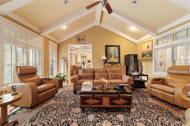 carpeted living room featuring beamed ceiling, high vaulted ceiling, and ceiling fan