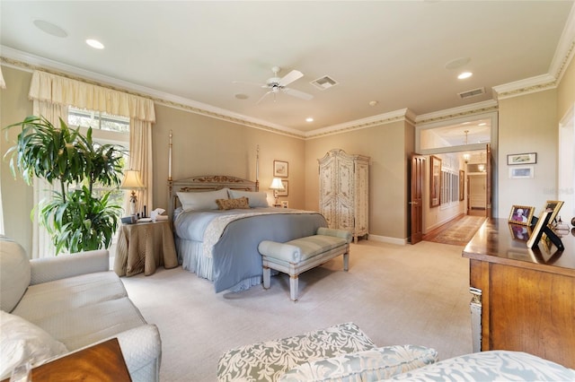 bedroom with ceiling fan, crown molding, and light colored carpet