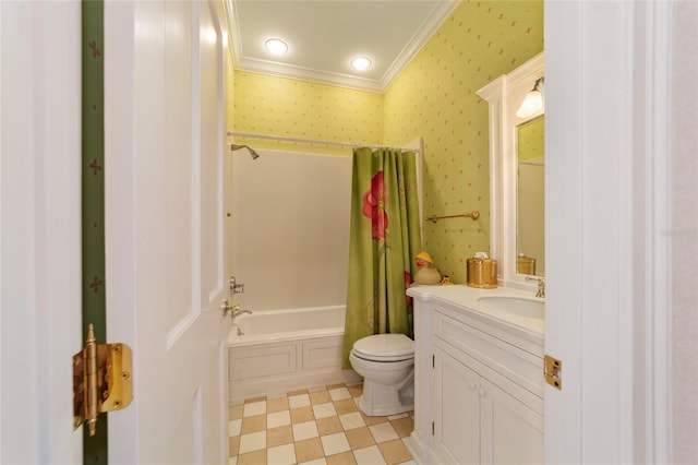 full bathroom featuring vanity, toilet, ornamental molding, and shower / bathtub combination with curtain