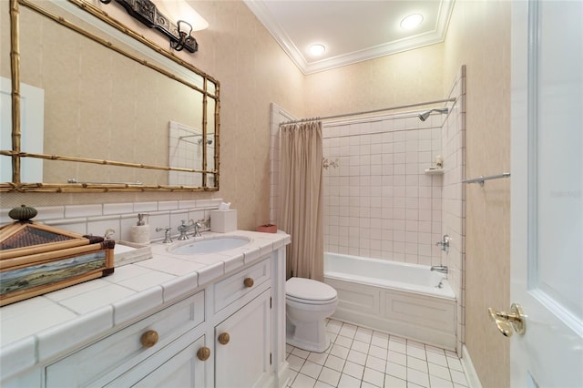 full bathroom with vanity, toilet, crown molding, and shower / bath combo with shower curtain