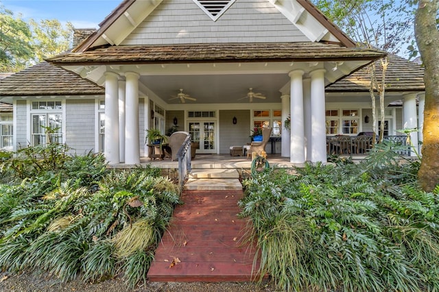 exterior space with french doors and ceiling fan