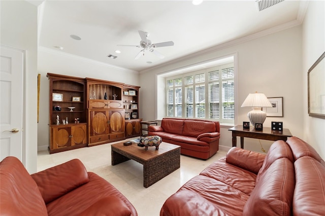 living room featuring crown molding and ceiling fan