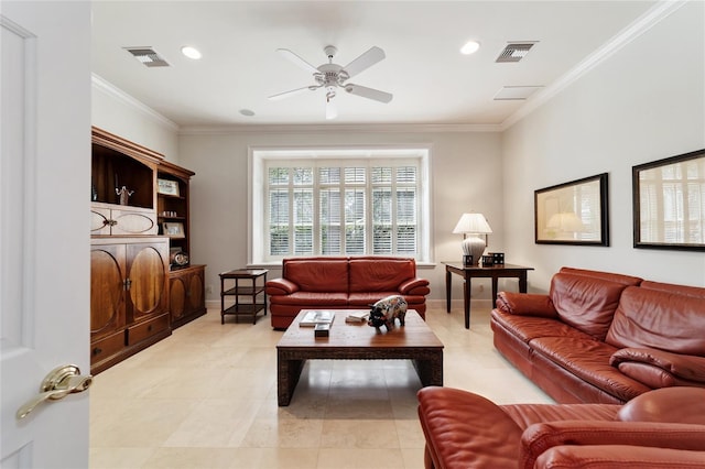 living room featuring crown molding and ceiling fan