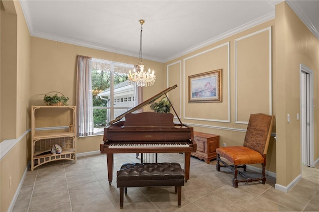 sitting room featuring light tile patterned floors, baseboards, an inviting chandelier, and ornamental molding