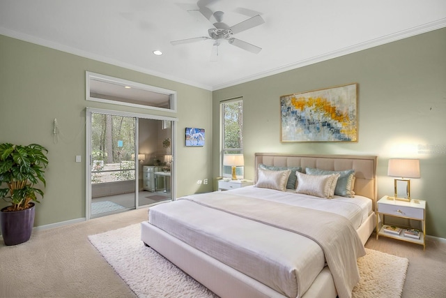 bedroom featuring crown molding, access to outside, carpet flooring, and baseboards