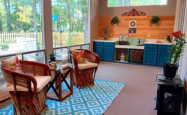 interior space featuring light carpet, wooden walls, and a sink