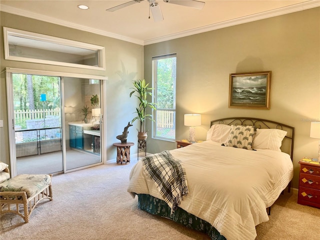 carpeted bedroom with ceiling fan, baseboards, crown molding, and access to exterior